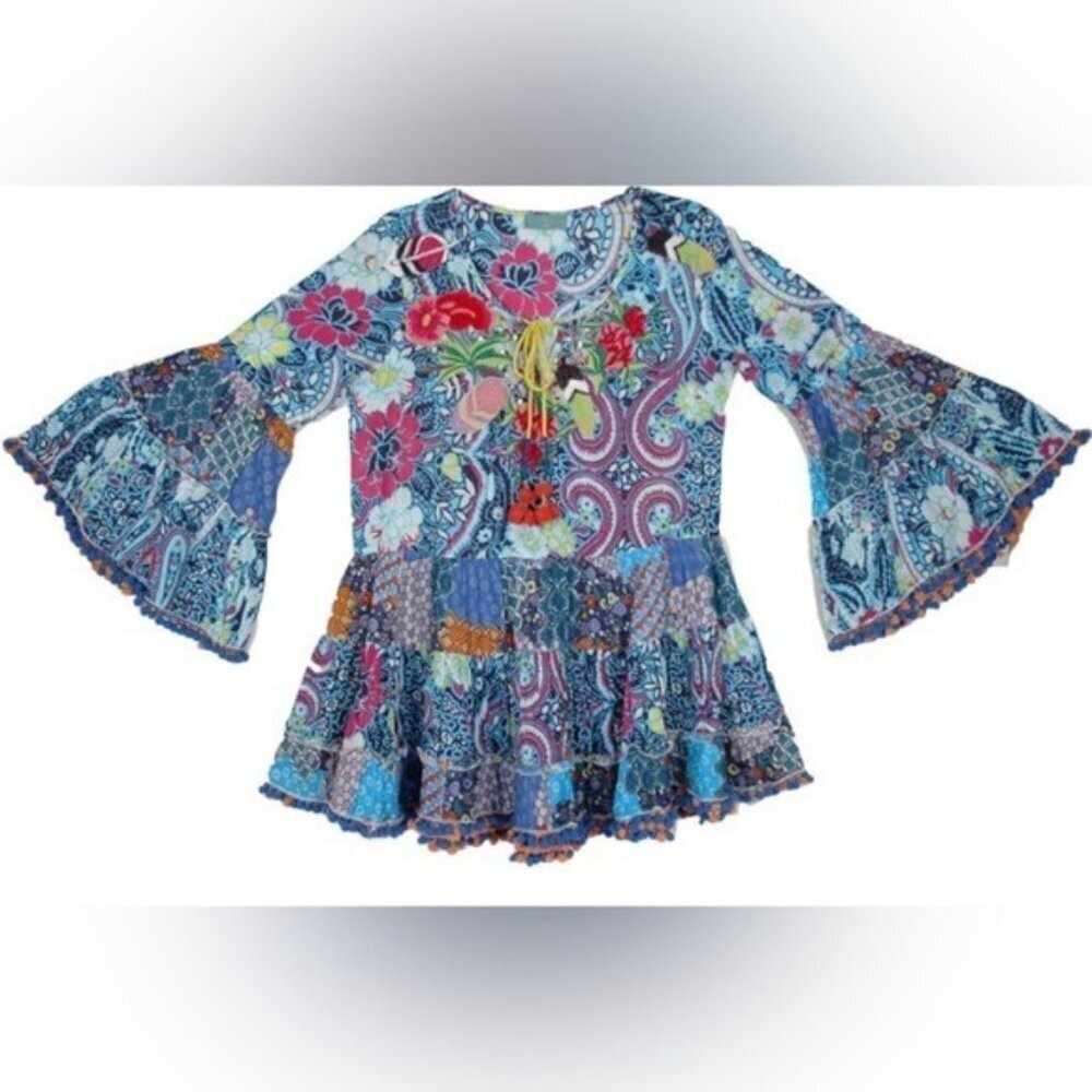 Moroccan Night Printed sequin Bell Sleeve Dress Kaftan Dress Pom-poms S/M #1352